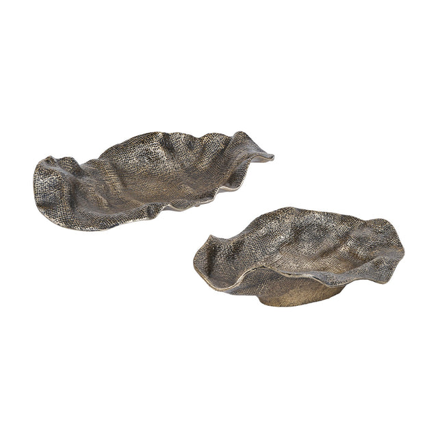 Libra Interiors woven-effect cast aluminium bowls in antique brass, shown as a pair with rippled organic edges and textured surfaces on a white background.