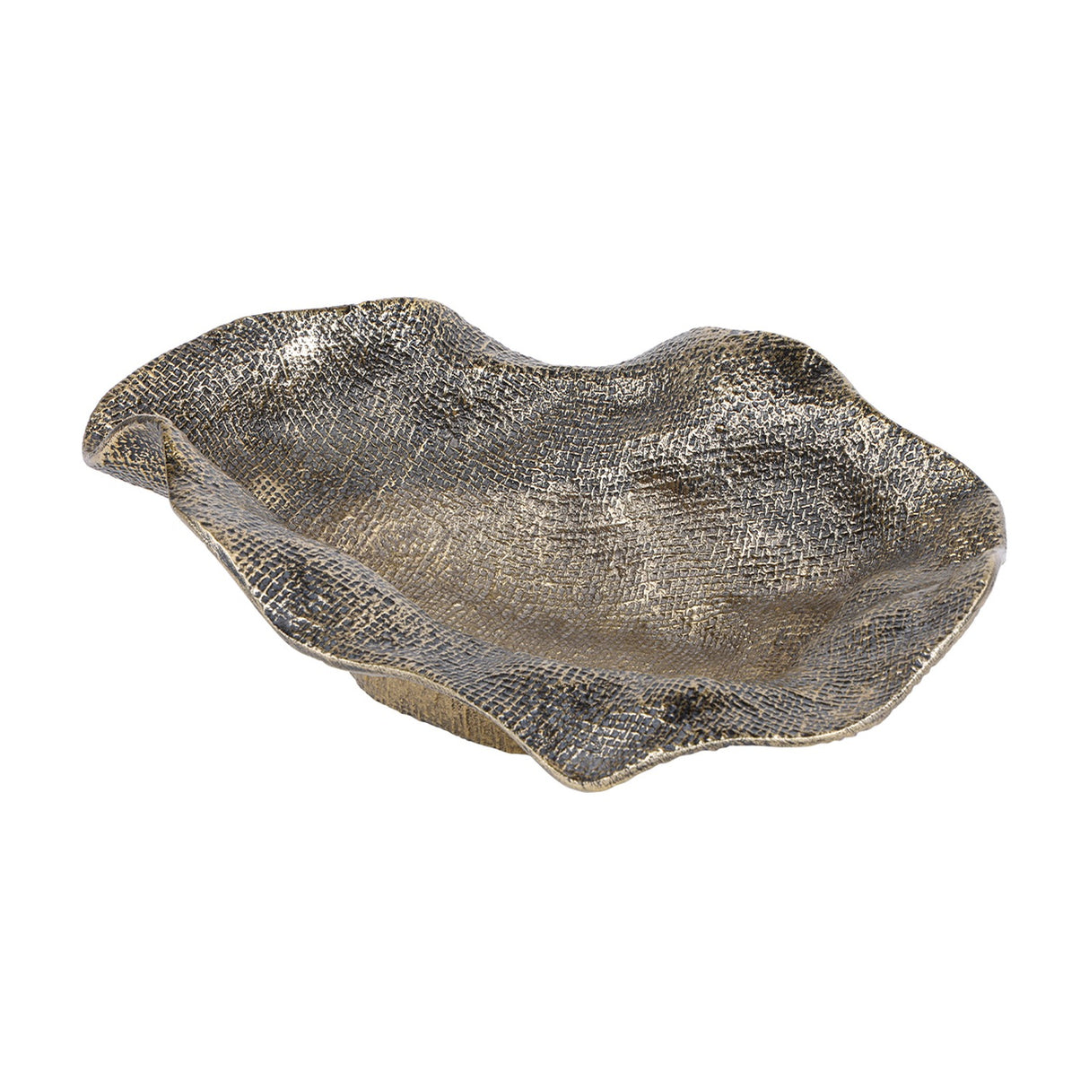 Libra Interiors woven-effect cast aluminium decorative bowl in antique brass with rippling organic edges and textured surface, shown on a white background.