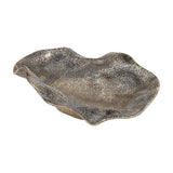 Libra Interiors woven-effect cast aluminium decorative bowl in antique brass with rippling organic edges and textured surface, shown on a white background.