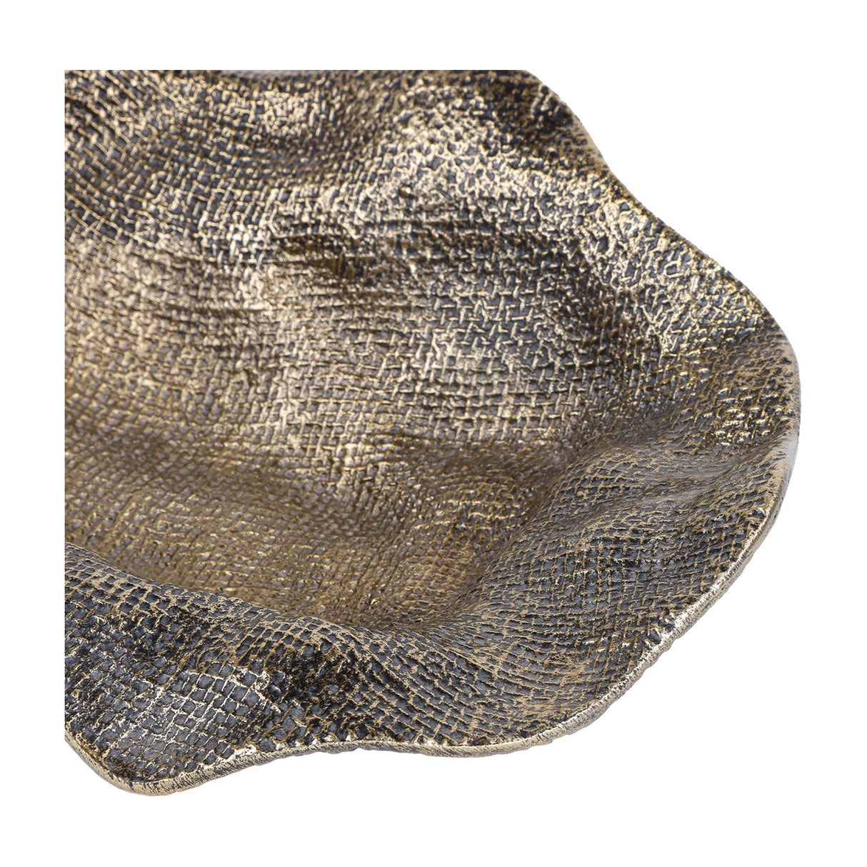 Close-up of the Libra Interiors Woven-Effect Cast Aluminium Bowl in antique brass, showing the rippled edge and textured interior surface.