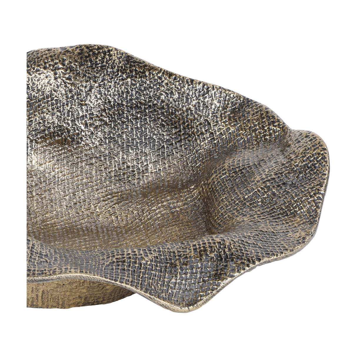 Close-up of Libra Interiors Woven-Effect Cast Aluminium Bowl in antique brass, showing the rippled organic edge and textured woven surface detail.