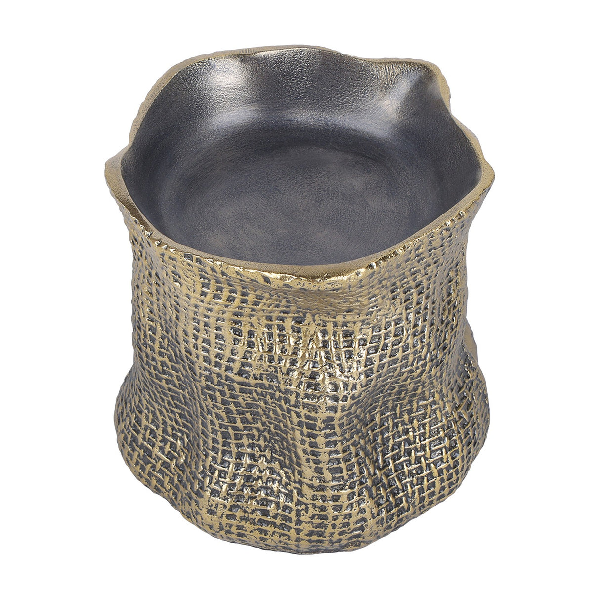 Libra Interiors woven-effect cast aluminium candle holder in antique brass with an organic irregular rim and smooth matt grey inner well, on a white background.