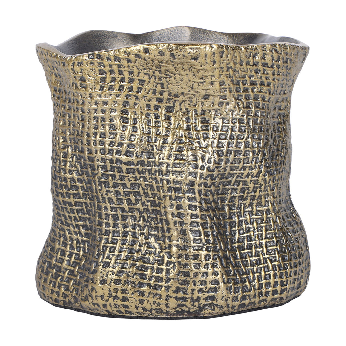 Libra Interiors woven-effect cast aluminium candle holder in antique brass with an irregular organic rim and textured fabric-like surface, on white.