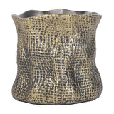 Libra Interiors woven-effect cast aluminium candle holder in antique brass with an irregular organic rim and textured fabric-like surface, on white.