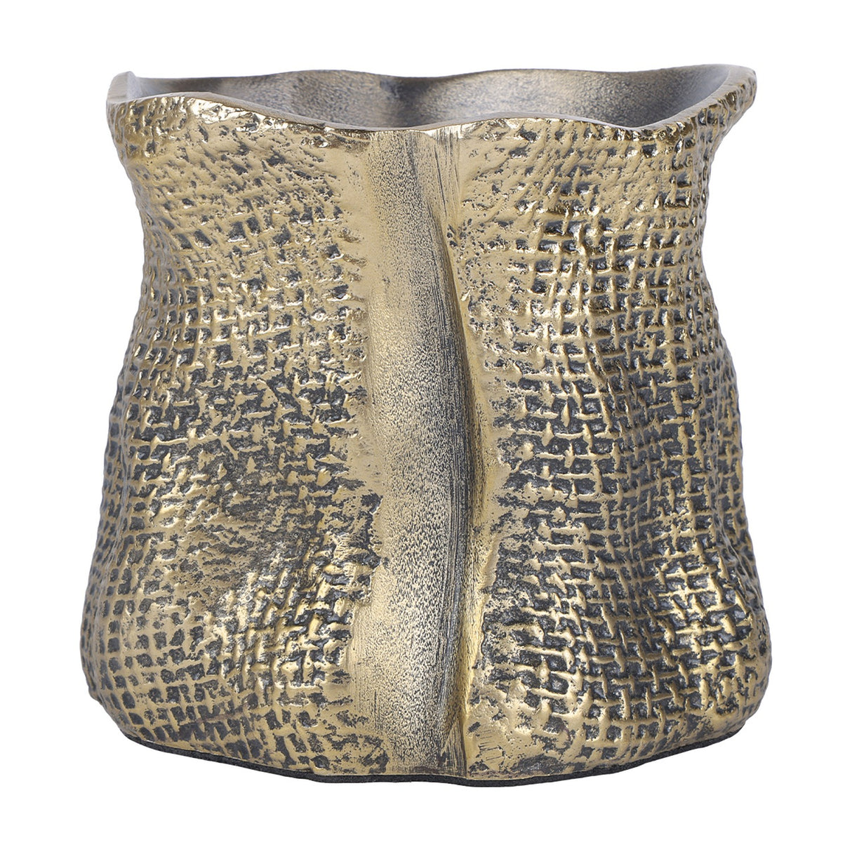 Libra Interiors woven-effect cast aluminium candle holder in antique brass with organic irregular rim and textured fabric-like surface, on a white background.