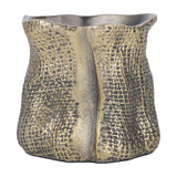 Libra Interiors woven-effect cast aluminium candle holder in antique brass with organic irregular rim and textured fabric-like surface, on a white background.
