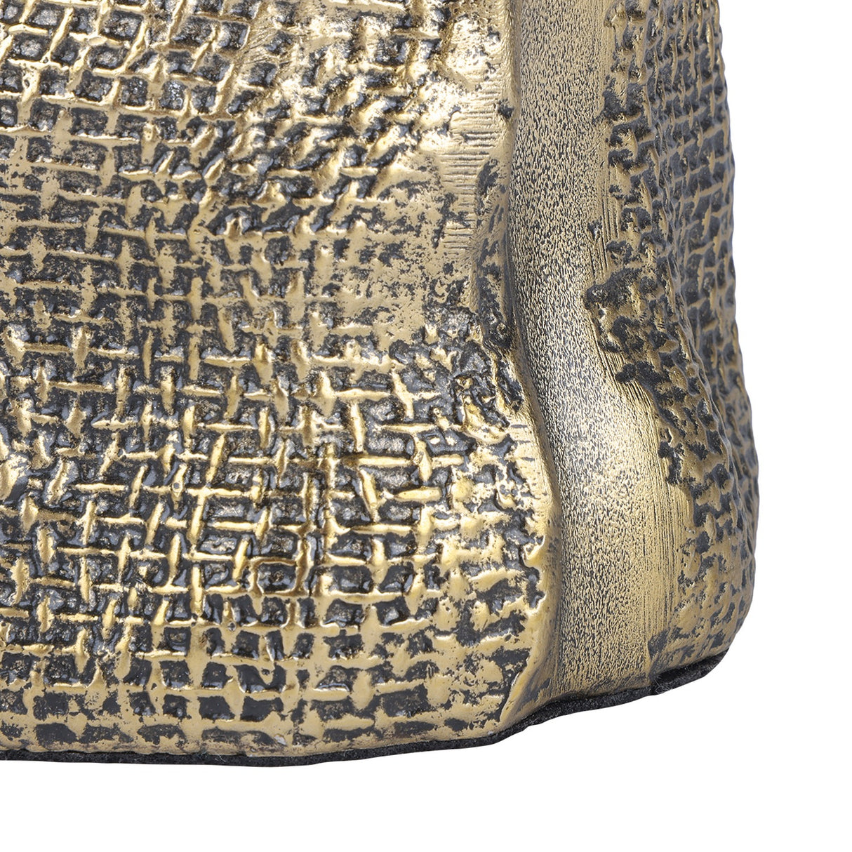 Close-up of Libra Interiors Woven-Effect Cast Aluminium Candle Holder showing the textured basket-weave surface and antique brass ombre finish.