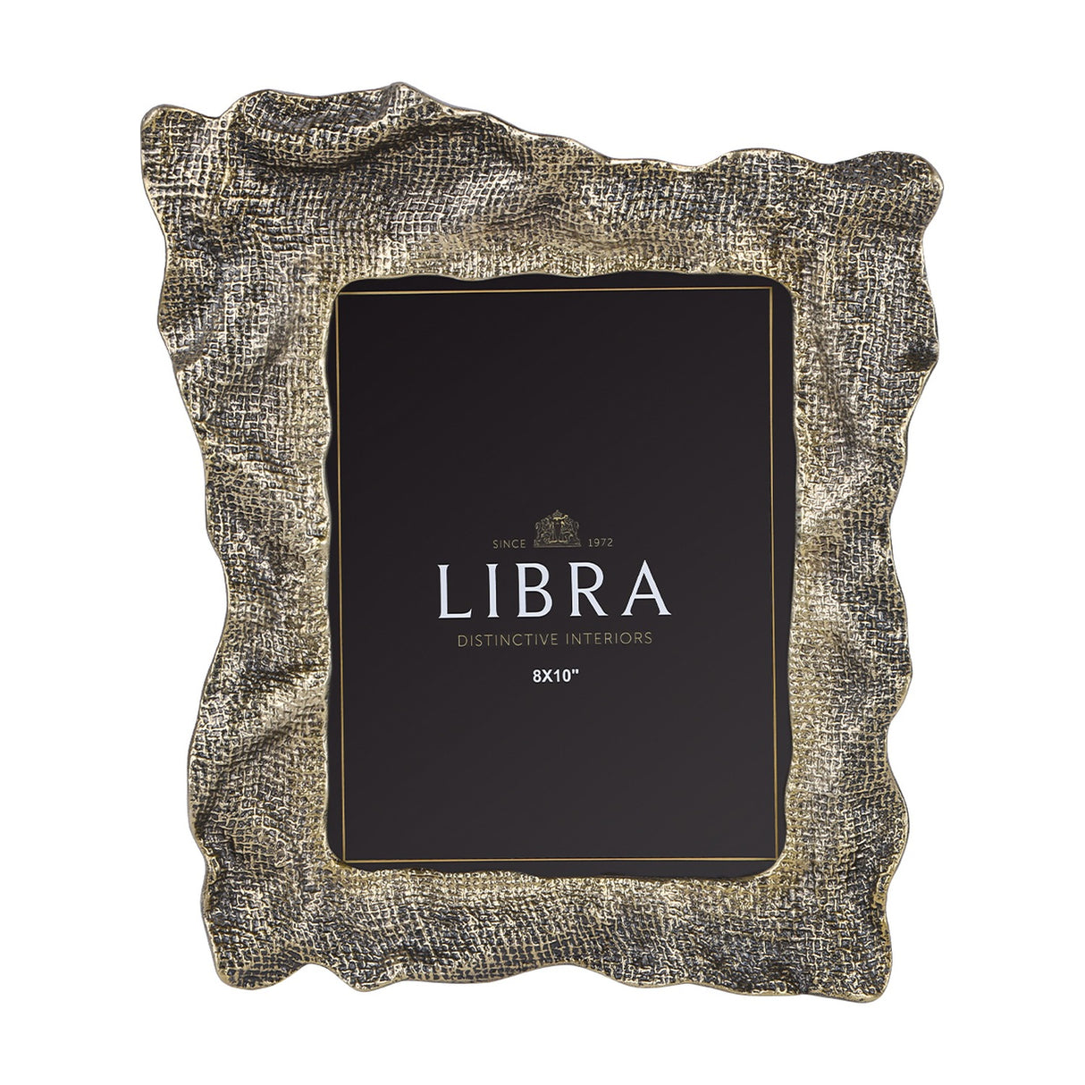 Libra Interiors woven-effect cast aluminium 8x10" portrait photo frame in antique brass and gold ombre, with rippled organic edges, shown on a white background.