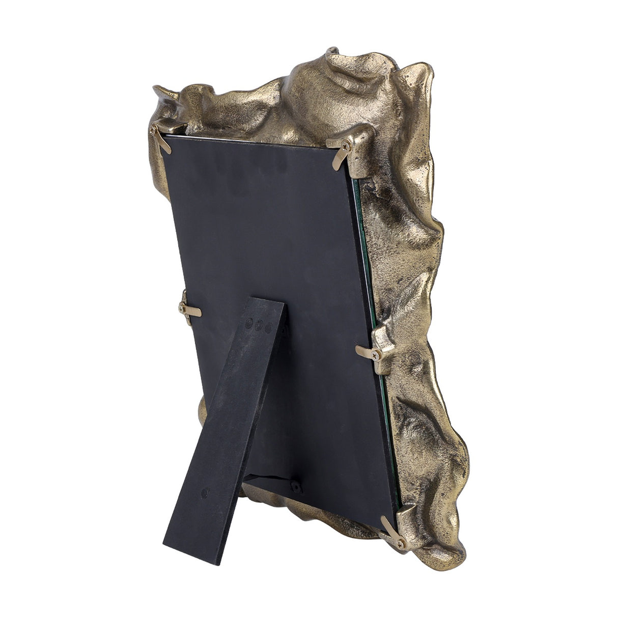 Rear view of Libra Interiors woven-effect cast aluminium photo frame in antique brass, showing the black backing board and fold-out tabletop stand.