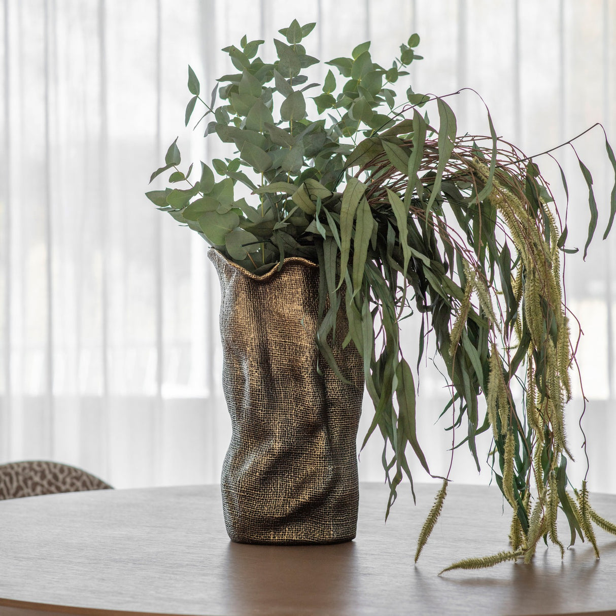 Woven-Effect Cast Aluminium Vase – Antique Brass