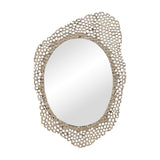 Libra Interiors Honeycomb cast aluminium wall mirror in gold with an organic openwork honeycomb frame around an oval glass, shown at an angle.