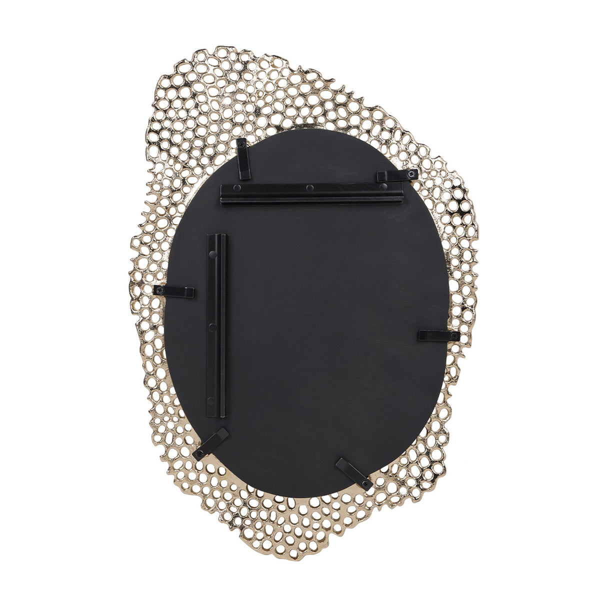 Rear view of the Libra Interiors Honeycomb cast aluminium wall mirror showing the black backing panel with mounting brackets and gold openwork frame.