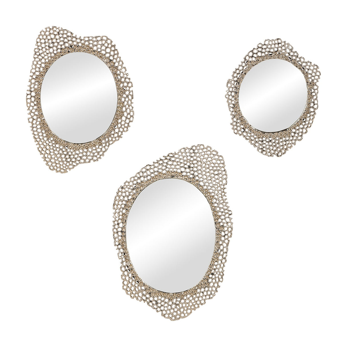 Libra Interiors Honeycomb cast aluminium wall mirrors in gold, set of three organic-edged pieces with openwork honeycomb frames on a white background.