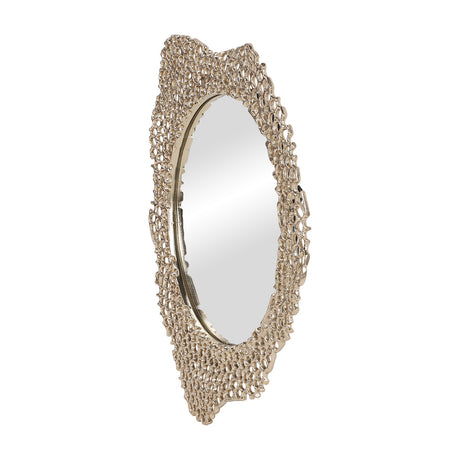 Libra Interiors Honeycomb cast aluminium wall mirror in gold, angled side view showing the oval glass and openwork honeycomb frame with irregular edge.