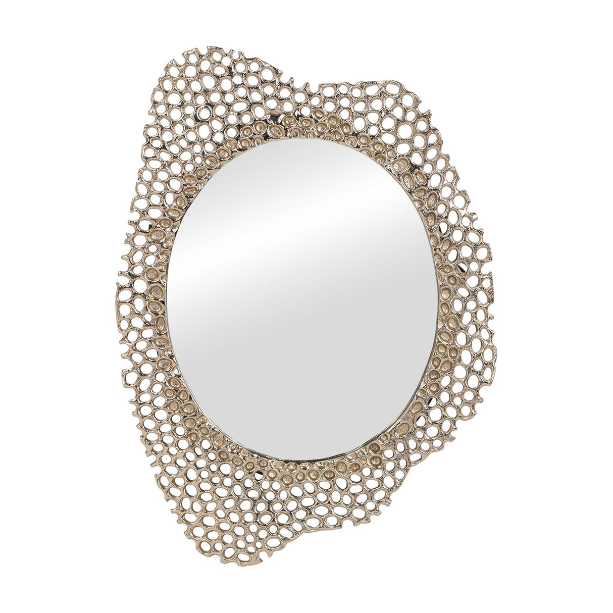 Libra Interiors Honeycomb cast aluminium wall mirror in gold, with an oval glass centre set in an irregular openwork lace-like frame, on a white background.