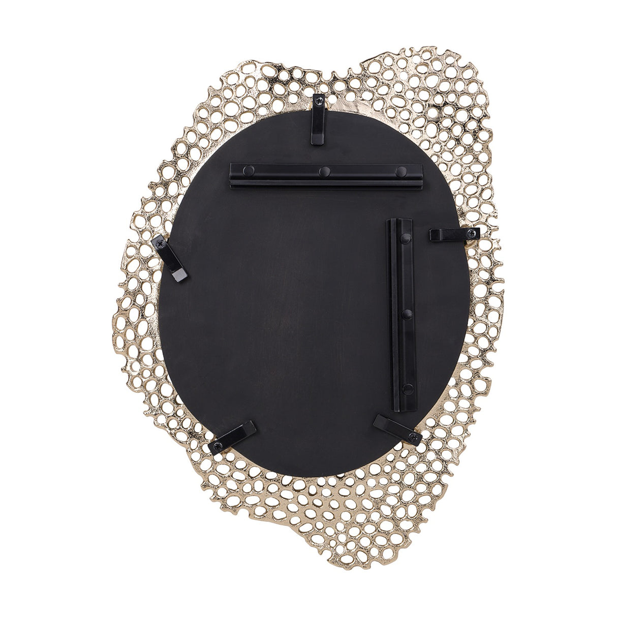Rear view of the Libra Interiors Honeycomb cast aluminium wall mirror in gold, showing the black backing board with mounting brackets and hanging bars.