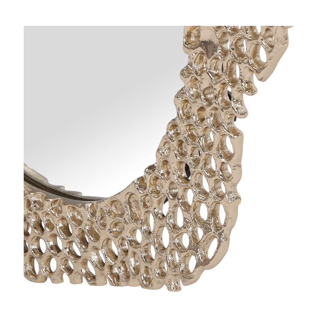 Close-up of the Libra Interiors Honeycomb cast aluminium wall mirror in gold, showing the pierced lace-like frame and curved edge of the oval glass.