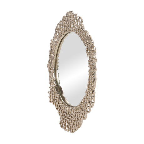 Libra Interiors Honeycomb cast aluminium oval wall mirror in gold, shown at an angle to reveal the sculpted openwork frame, on a white background.