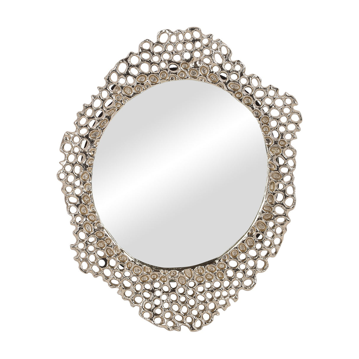 Libra Interiors Honeycomb gold cast aluminium wall mirror with an oval glass inside an irregular openwork honeycomb-patterned frame on a white background.