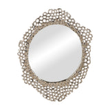 Libra Interiors Honeycomb gold cast aluminium wall mirror with an oval glass inside an irregular openwork honeycomb-patterned frame on a white background.