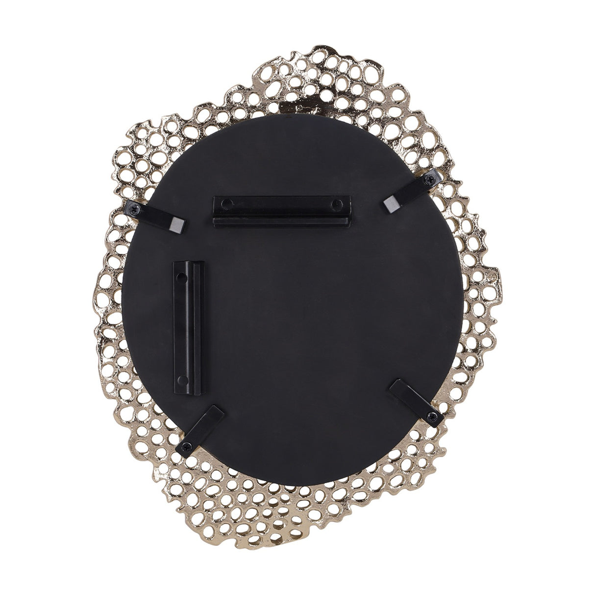 Rear view of the Libra Interiors Honeycomb cast aluminium wall mirror in gold, showing the black backing board with mounting brackets and hanging fixings.