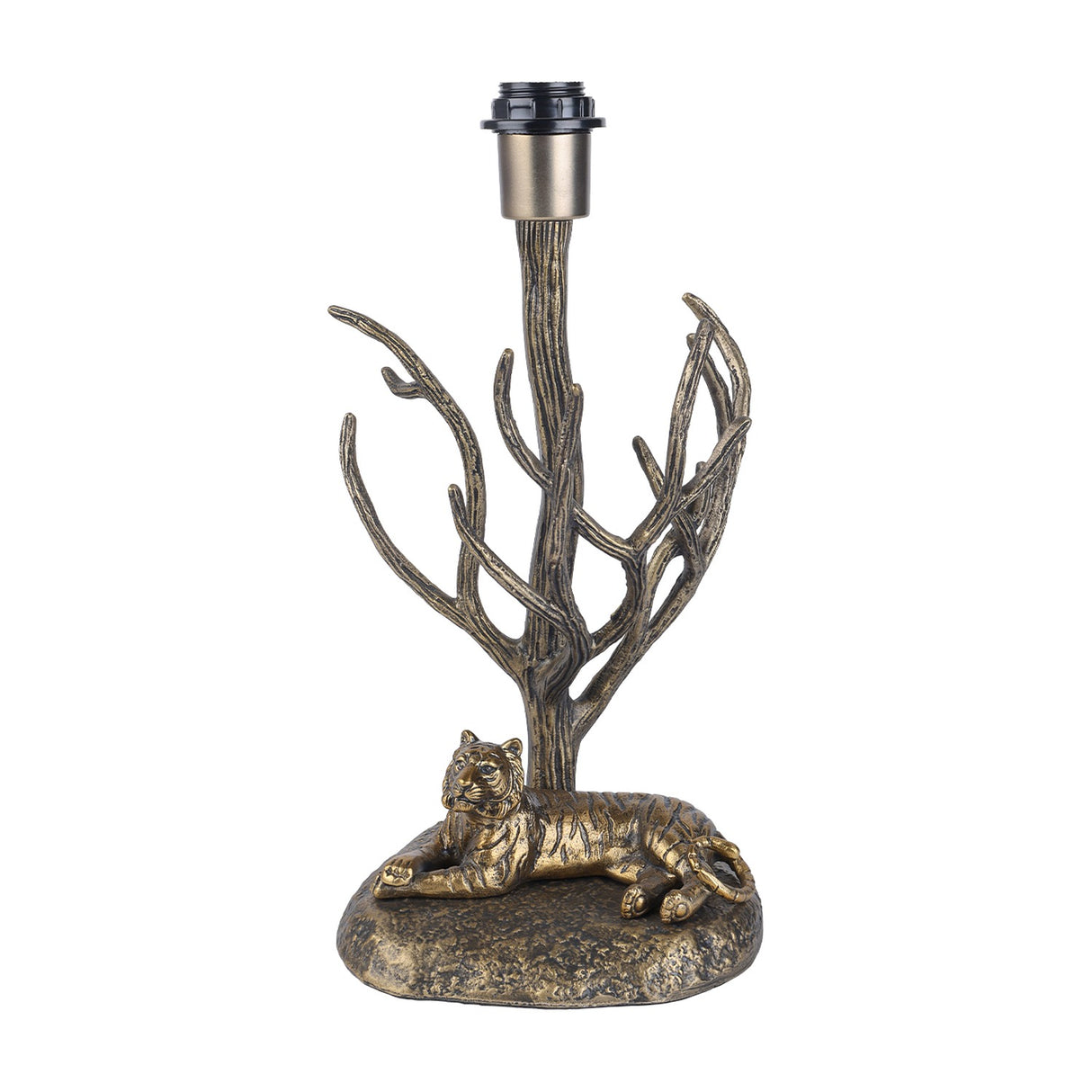 Libra Interiors Antiqued Brass Tiger Table Lamp base with a resting tiger beneath bare branching limbs holding an E27 fitting, shown on a white background.