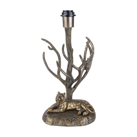 Libra Interiors Antiqued Brass Tiger Table Lamp base with a resting tiger beneath bare branching limbs holding an E27 fitting, shown on a white background.