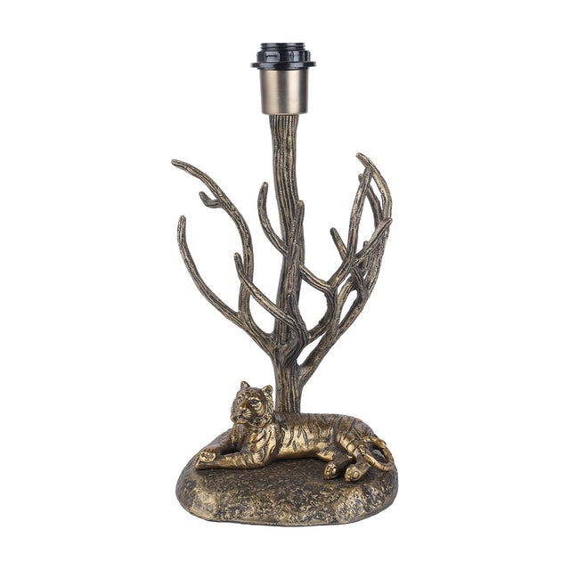 Libra Interiors Antiqued Brass Tiger Table Lamp base with a resting tiger beneath bare branching limbs holding an E27 fitting, shown on a white background.