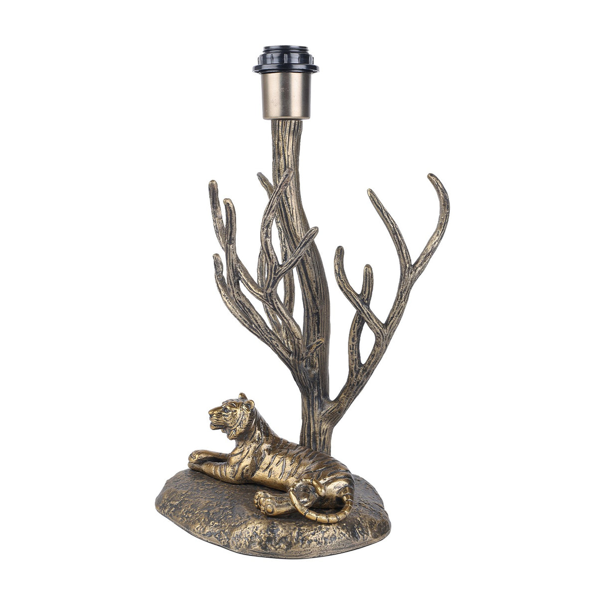 Libra Interiors Antiqued Brass Tiger Table Lamp base with a resting tiger beneath bare branching limbs holding an E27 fitting, shown on a white background.