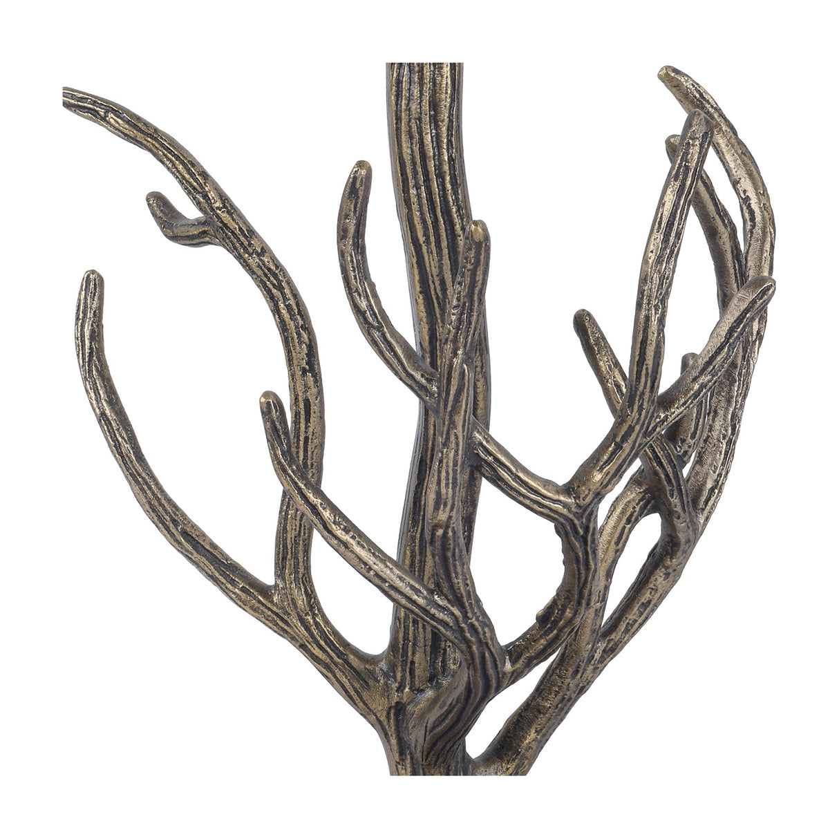 Close-up of the Libra Interiors Antiqued Brass Tiger Table Lamp showing the sculptural branching limbs with etched bark detail rising to the bulb fitting.