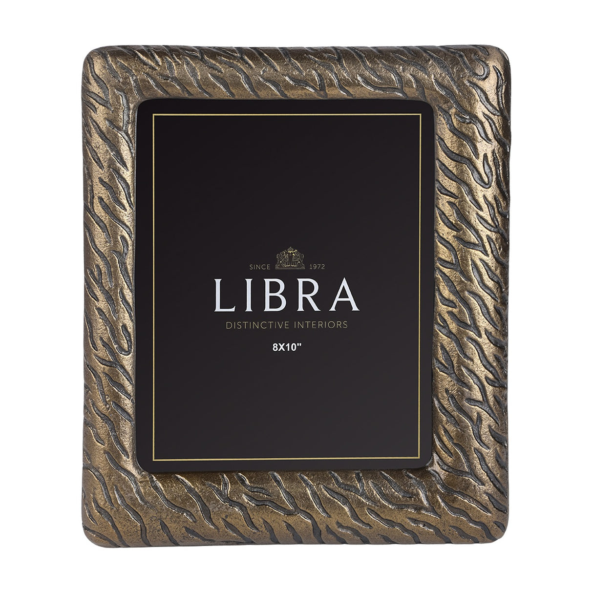 Libra Interiors etched cast aluminium 8x10" photo frame in antique brass with tiger-stripe texture, shown upright in portrait orientation on a white background.