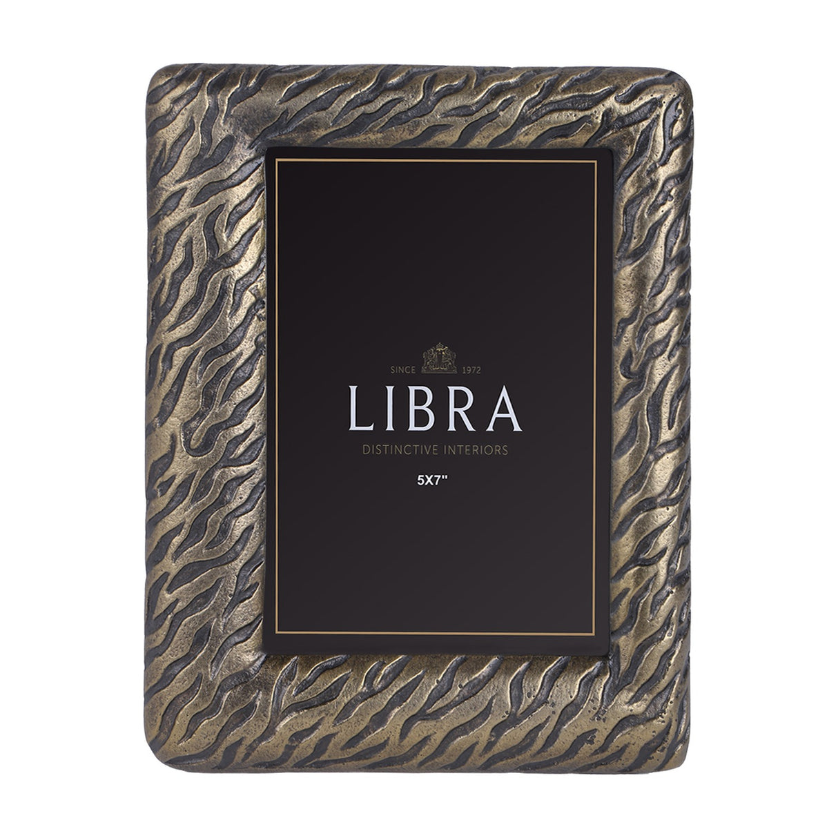 Libra Interiors Etched Tiger cast aluminium 5x7" photo frame in antique brass with textured tiger-stripe surface, shown upright on a plain background.