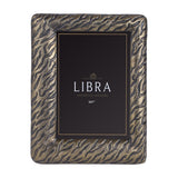 Libra Interiors Etched Tiger cast aluminium 5x7" photo frame in antique brass with textured tiger-stripe surface, shown upright on a plain background.