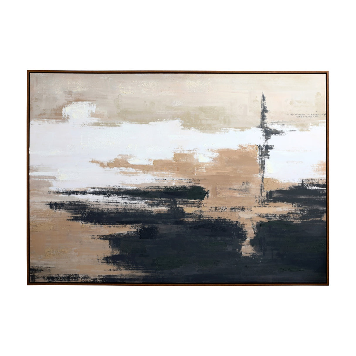Libra Interiors Hand Embellished Abstract Framed Canvas Wall Art in landscape format, layering cream, beige, brown and black brushwork within a pine wood frame.