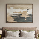 Libra Interiors Hand Embellished Abstract Framed Canvas Wall Art in beige, cream and dark tones, hung above an upholstered bed with linen pillows.
