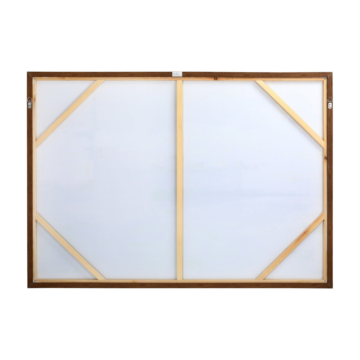 Rear view of Libra Interiors Hand Embellished Abstract Framed Canvas Wall Art showing pine wood support struts, hanging hooks and brown timber frame.