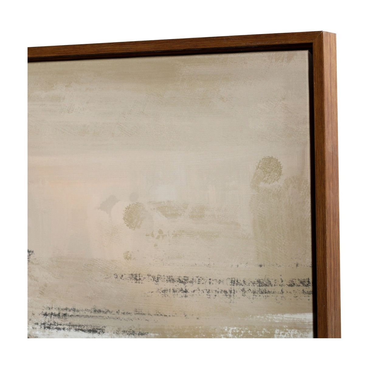 Close-up of the top corner of Libra Interiors Hand Embellished Abstract Framed Canvas Wall Art, showing textured beige and cream brushwork within a pine frame.