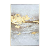 Libra Interiors Heavy Textured Gold Abstract Canvas Wall Art in portrait format, with cream and gold metallic tones on hessian canvas in a slim gold frame.
