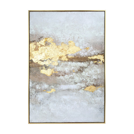 Libra Interiors Heavy Textured Gold Abstract Canvas Wall Art in portrait format, with cream and gold metallic tones on hessian canvas in a slim gold frame.