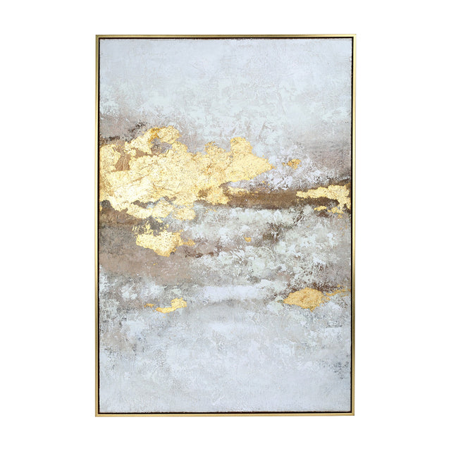 Libra Interiors Heavy Textured Gold Abstract Canvas Wall Art in portrait format, with cream and gold metallic tones on hessian canvas in a slim gold frame.