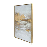 Libra Interiors Heavy Textured Gold Abstract Canvas Wall Art in portrait, showing cream and gold textured brushwork within a slim gold frame, angled side view.