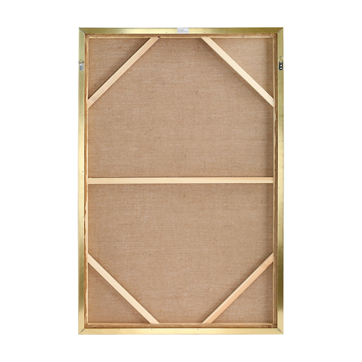 Reverse of Libra Interiors Heavy Textured Gold Abstract Canvas Wall Art, showing hessian backing, wooden cross braces, slim gold frame and hanging fixings.