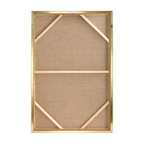 Reverse of Libra Interiors Heavy Textured Gold Abstract Canvas Wall Art, showing hessian backing, wooden cross braces, slim gold frame and hanging fixings.