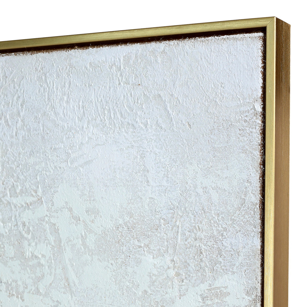 Close-up corner detail of Libra Interiors Heavy Textured Gold Abstract Canvas Wall Art, showing the cream textured hessian surface and slim brushed gold frame.