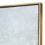 Close-up corner detail of Libra Interiors Heavy Textured Gold Abstract Canvas Wall Art, showing the cream textured hessian surface and slim brushed gold frame.