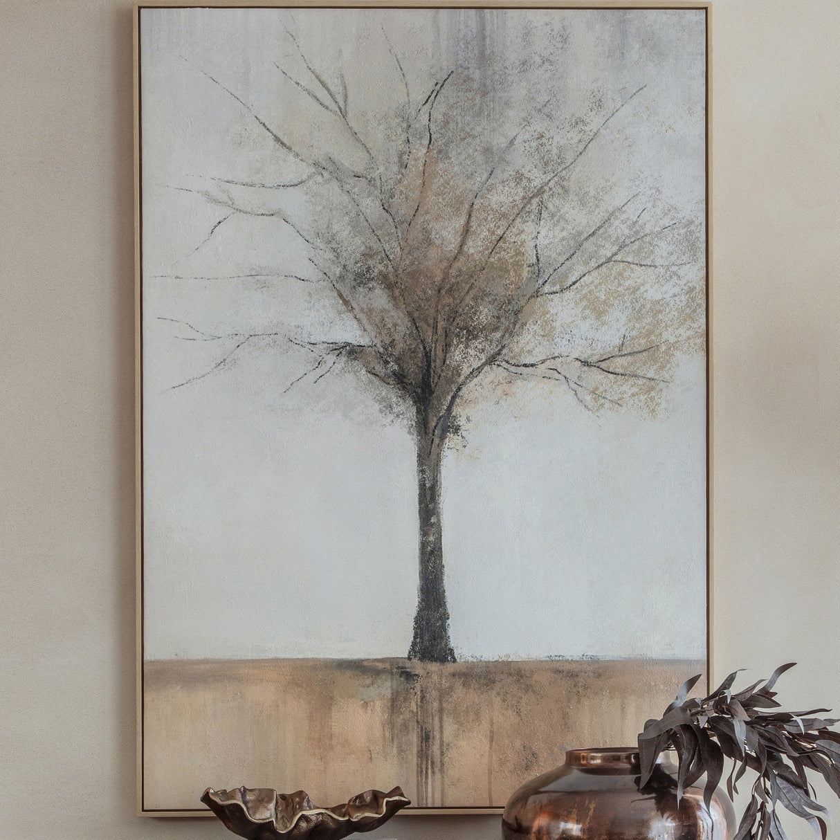 Textured Tree Framed Canvas Wall Art – Beige