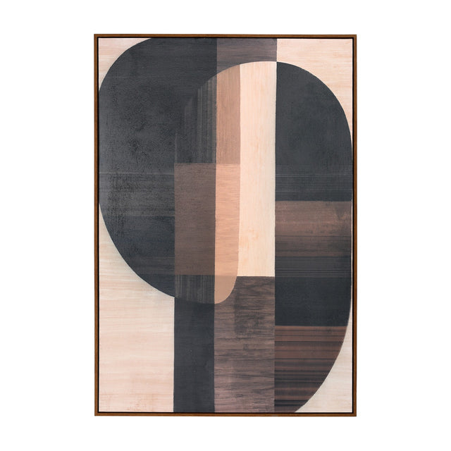 Libra Interiors Textured Geometric Framed Canvas Wall Art in portrait format, layering charcoal, walnut and cream rounded shapes within a pine wood frame.
