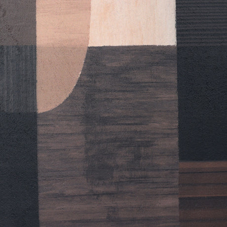 Close-up of Libra Interiors Textured Geometric Framed Canvas Wall Art showing overlapping charcoal, walnut and cream shapes with a subtly textured matt finish.