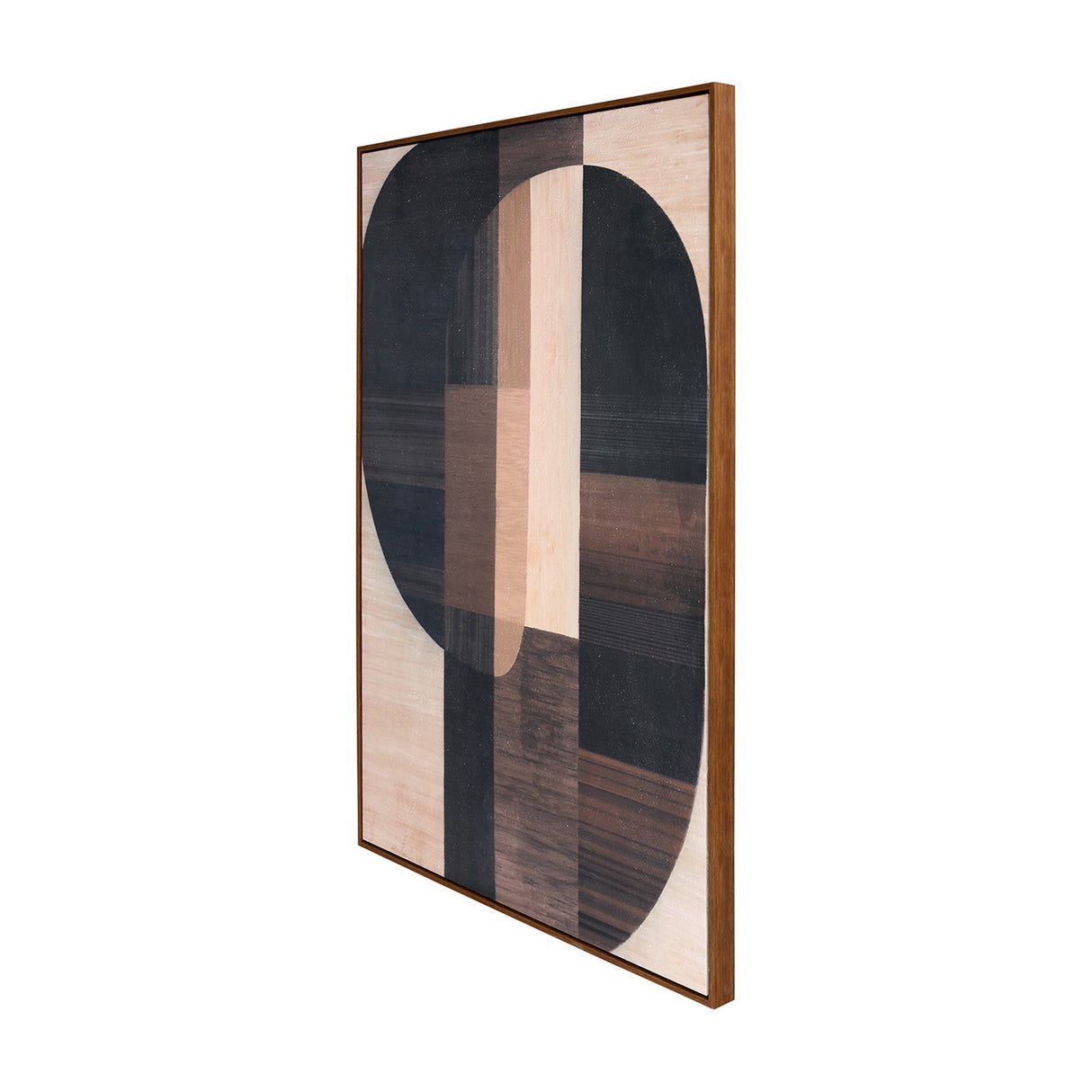 Libra Interiors Textured Geometric Framed Canvas Wall Art in portrait, showing overlapping black, walnut and cream shapes within a pine wood frame.
