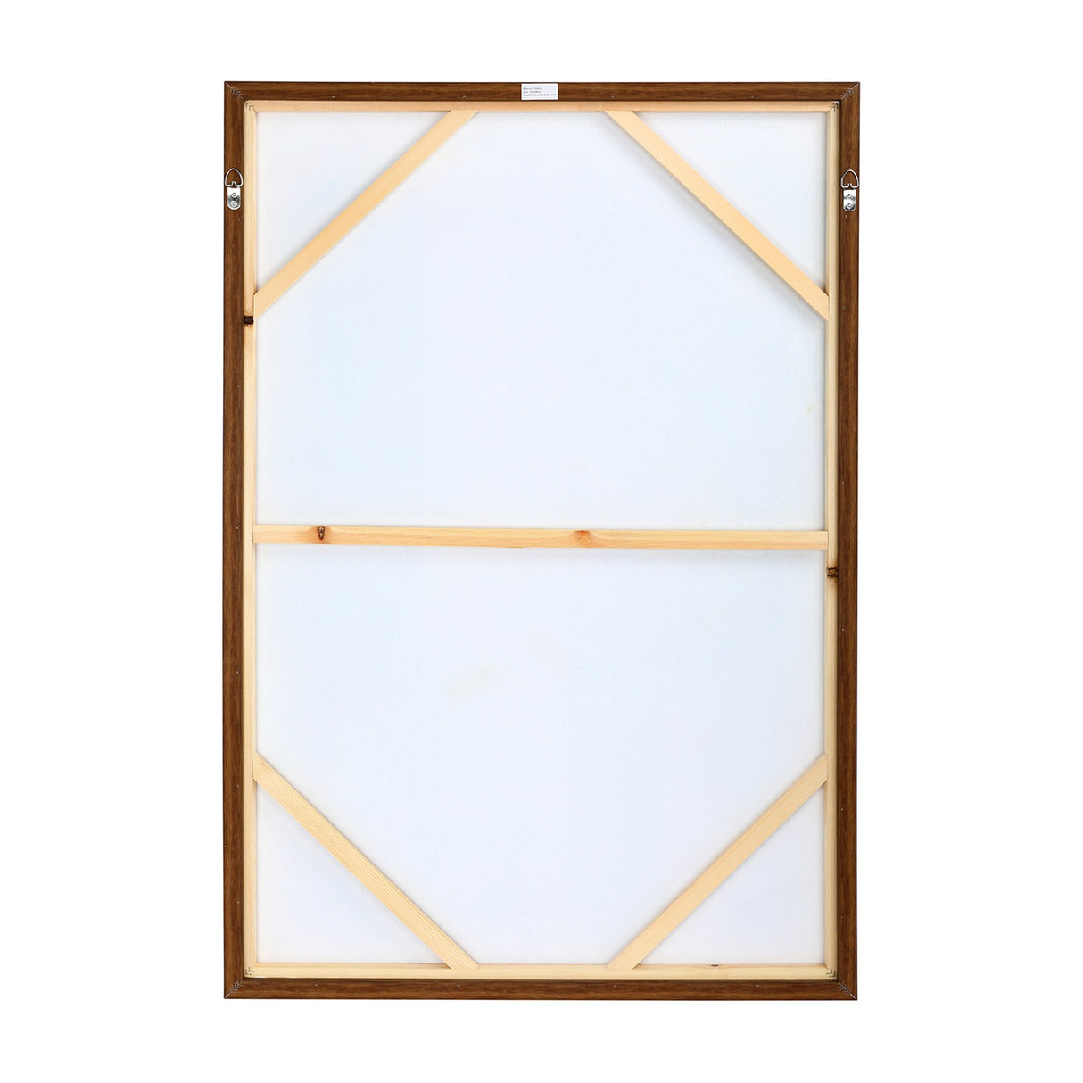 Rear view of Libra Interiors Textured Geometric Framed Canvas Wall Art showing pine wood stretcher bars, walnut-toned frame, and two metal hanging hooks.
